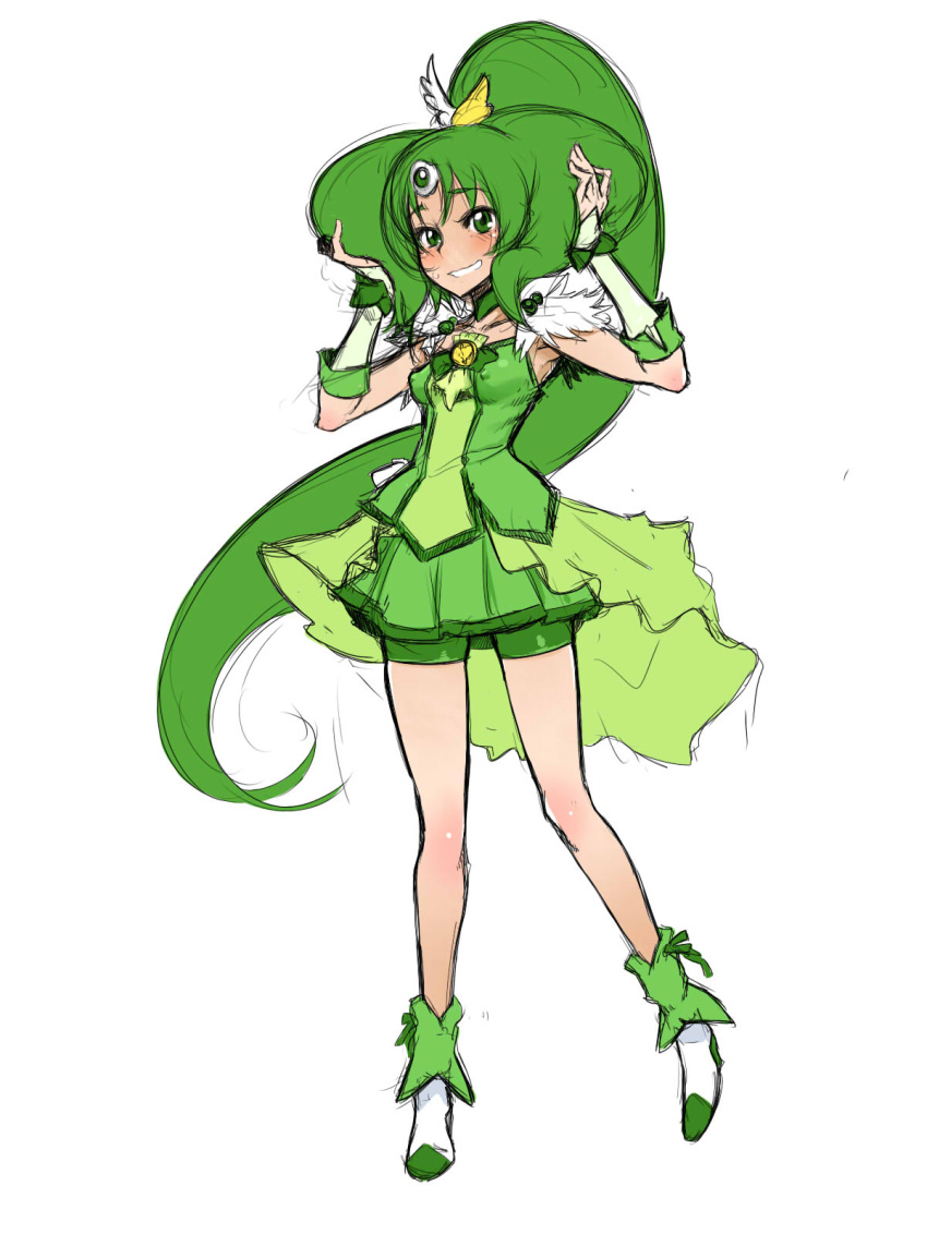 1girl ankle_boots bike_shorts blush boots breasts cure_march erect_nipples full_body green green_eyes green_hair hair_tousle hands_in_hair head_wings highres long_hair looking_at_viewer midorikawa_nao miniskirt precure shindou_l simple_background sketch skirt small_breasts smile_precure! solo standing tri_tails very_long_hair white_background