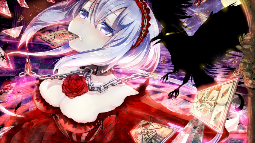 1girl aoki_lapis bird blue_eyes blue_hair breasts card chains cleavage collar crow dress frills hairband mouth_hold red_dress short_hair solo soramu tarot vocaloid