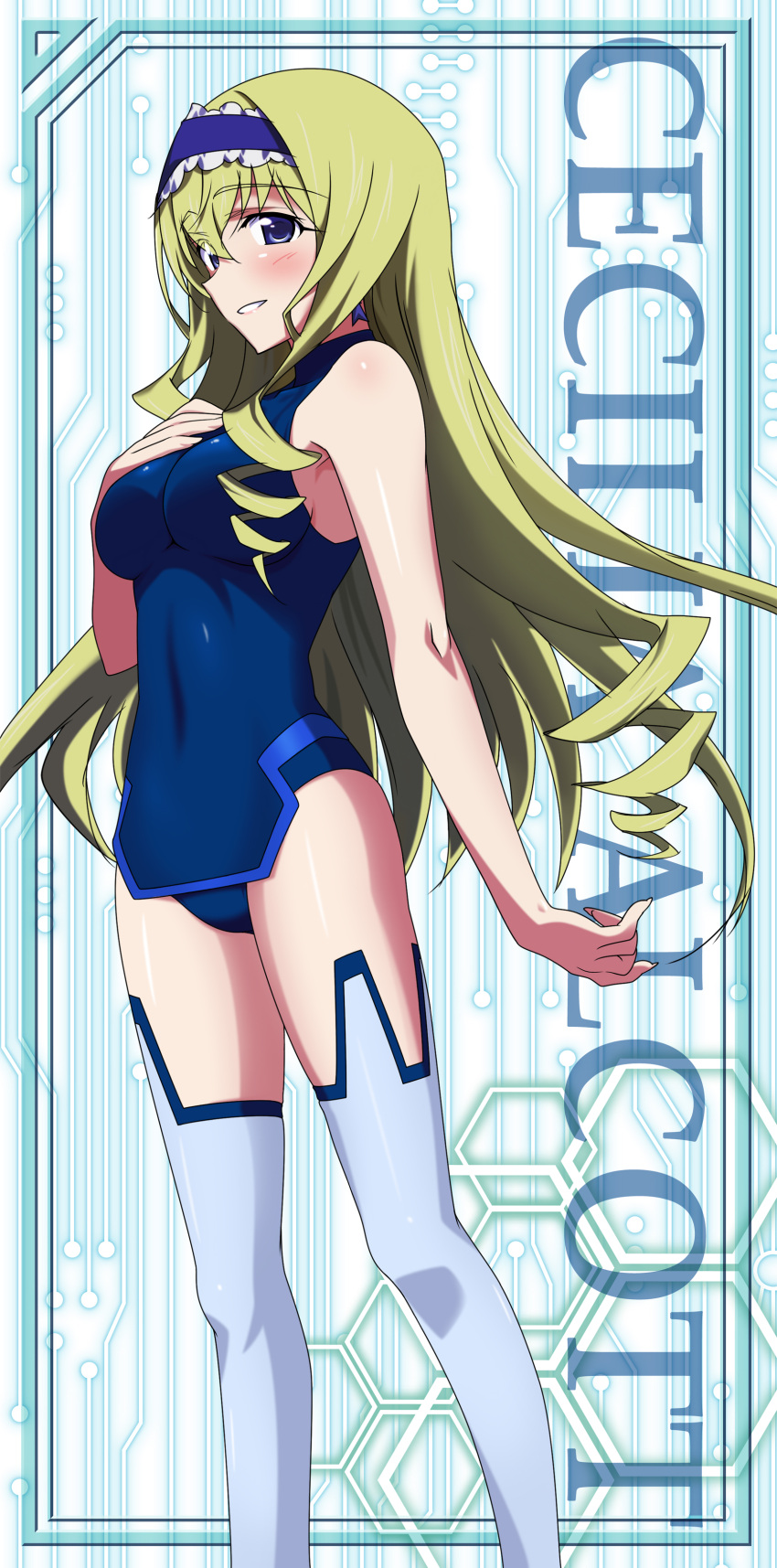 1girl absurdres armpits bangs bare_shoulders blonde_hair blue_eyes blush breasts cecilia_alcott character_name covered_navel drill_hair fingernails frame from_side grin hair_between_eyes hairband halterneck hand_on_own_chest highres infinite_stratos large_breasts leotard lolita_hairband long_fingernails long_hair looking_at_viewer official_art okiura pelvic_curtain pilot_suit sidelocks smile solo standing thigh-highs turtleneck very_long_hair white_legwear