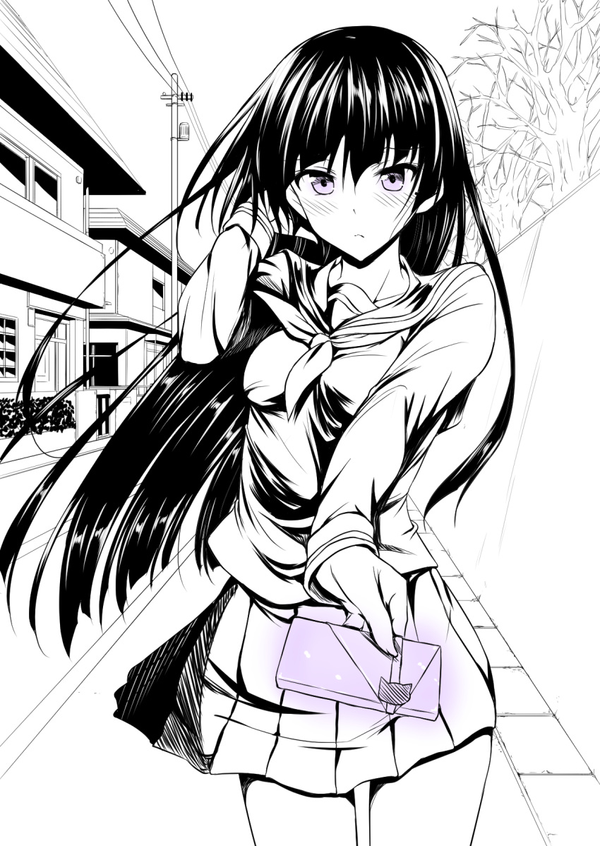 1girl blush dendendert gift gokou_ruri highres house long_hair looking_at_viewer monochrome ore_no_imouto_ga_konna_ni_kawaii_wake_ga_nai pleated_skirt school_uniform serafuku skirt solo wind