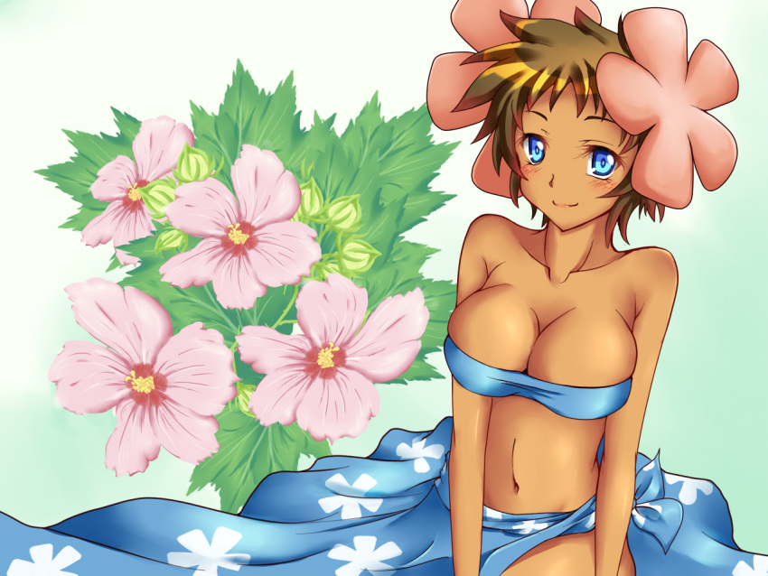 1girl bandeau blue_eyes blush breasts cleavage dark_skin dress elite_four flower fuyou_(pokemon) ichimu_(1727) large_breasts navel pokemon sarong shiny shiny_skin shirt skindentation solo strapless taut_clothes taut_shirt tubetop