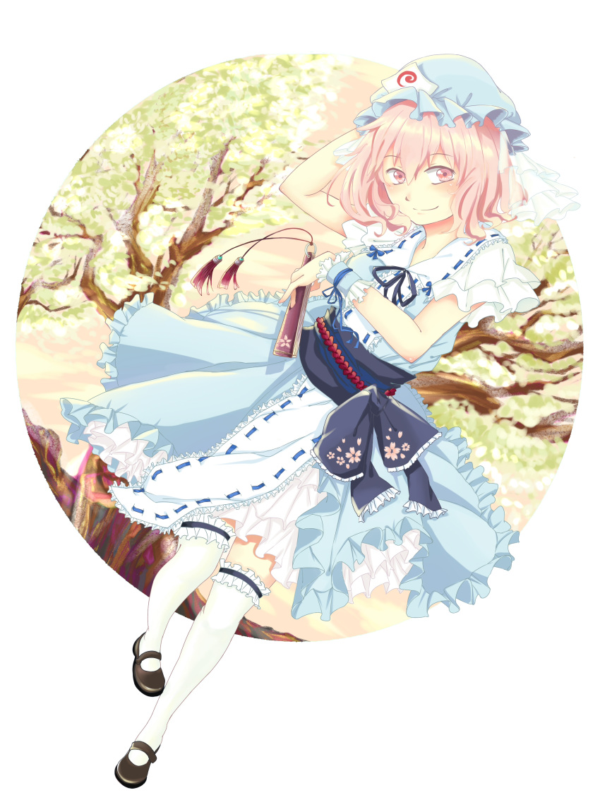 1girl absurdres adapted_costume breasts closed_fan fan female folding_fan hat highres japanese_clothes mary_janes obi pink_eyes pink_hair ribbon saigyouji_yuyuko sash shoes short_hair short_sleeves siam_(meow13) smile thigh-highs touhou tree triangular_headpiece white_legwear wrist_cuffs