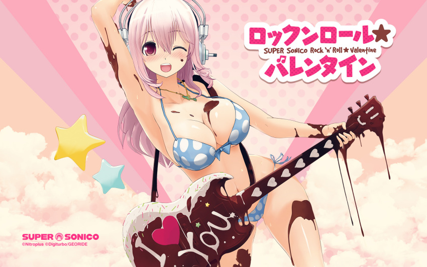 1girl arm_up armpits bikini blush breasts character_name chocolate chocolate_on_breasts cleavage electric_guitar food_on_body guitar headphones heart highres instrument jewelry large_breasts long_hair looking_at_viewer melting navel necklace nitroplus official_art one_eye_closed open_mouth pink pink_background pink_hair polka_dot polka_dot_background polka_dot_bikini polka_dot_swimsuit shiny shiny_skin side-tie_bikini smile smoke solo star super_sonico swimsuit tsuji_santa valentine violet_eyes wallpaper wink