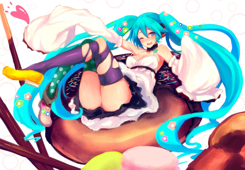 1girl aqua_eyes aqua_hair blush detached_sleeves dress female full_body hatsune_miku headphones inayama long_hair looking_at_viewer mismatched_footwear one_eye_closed pocky sleeves_past_wrists solo thigh-highs thighs torn_clothes torn_thighhighs twintails very_long_hair vocaloid wink