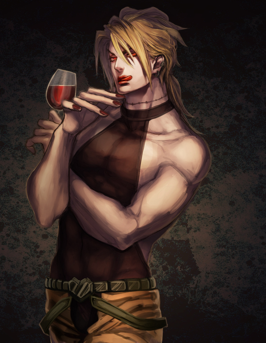 1boy alcohol blonde_hair cup dio_brando highres jojo_no_kimyou_na_bouken licking_lips lipstick makeup male_focus red_eyes solo tongue tongue_out toryansexxx wine wine_glass
