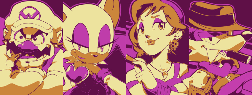 2boys 2girls animal_ears bandanna bat captain_syrup cigar column_lineup crossover earrings elbow_gloves facial_hair fang fang_(sonic) fang_the_sniper gloves hat highres jewelry super_mario_bros. multiple_boys multiple_girls mustache nack_the_weasel necklace nintendo rouge_the_bat sega sonic_the_hedgehog super_mario_bros. wario wario_land