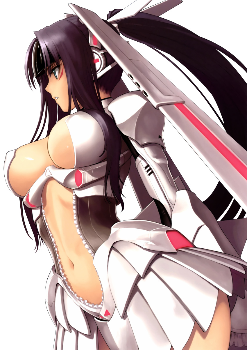 1girl absurdres armor black_hair breasts extraction frills from_side green_eyes grey_eyes hair_ornament highres long_hair navel phantom_queen_ex-xecty ponytail purple_hair render sega shining_(series) shining_hearts simple_background solo tanaka_takayuki transparent_background visor white_background