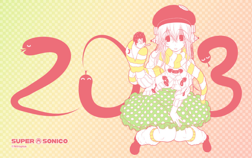 10s 1girl 2013 beret cardigan character_name checkered checkered_background chinese_zodiac doughnut flat_color food frilled_skirt frills hand_puppet hat headphones highres leg_warmers legs_folded lineart new_year nitroplus official_art partially_colored patterned_background polka_dot_skirt puppet scarf skirt snake snake_(chinese_zodiac) solo striped striped_scarf super_sonico sweater wallpaper winter_clothes