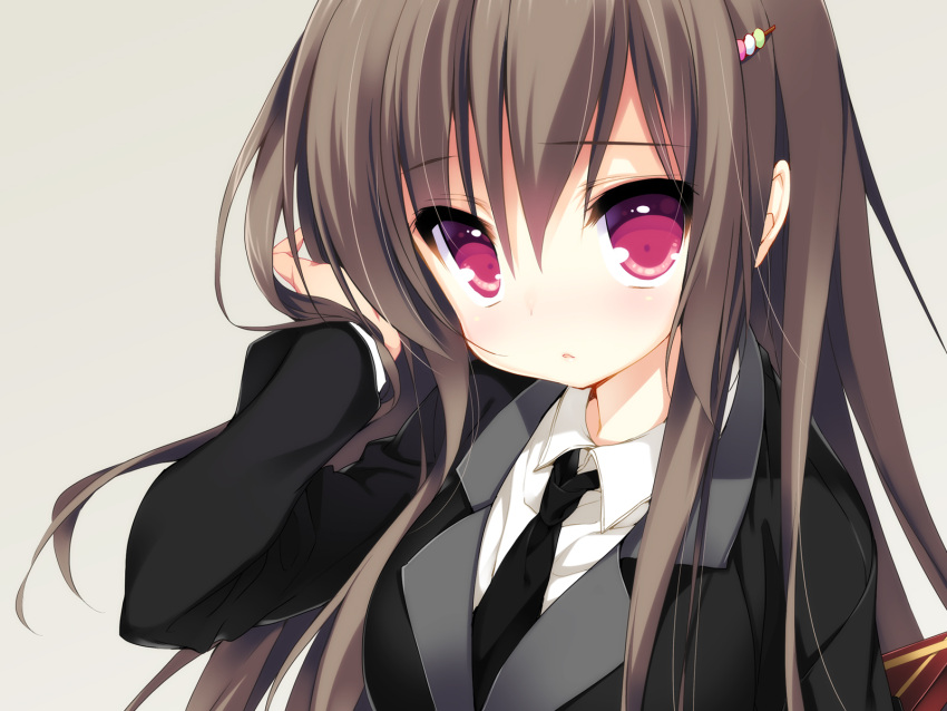 1girl brown_hair emily_(pure_dream) formal hair_ornament highres long_hair looking_at_viewer necktie open_mouth original parted_lips pink_eyes solo