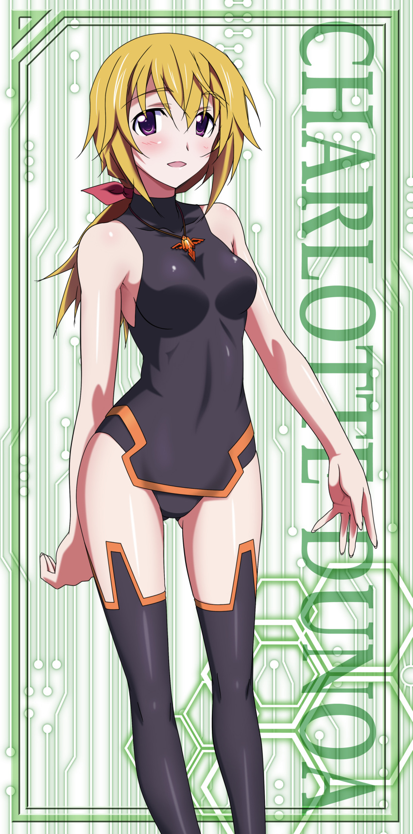 1girl :d absurdres arm_behind_back bangs bare_shoulders blonde_hair blush breasts character_name charlotte_dunois fingernails frame hair_between_eyes hair_ribbon halterneck highres hips infinite_stratos jewelry leotard long_fingernails long_hair long_image long_legs low_ponytail necklace official_art okiura open_mouth pelvic_curtain pendant pilot_suit ponytail ribbon smile solo stick_poster turtleneck violet_eyes