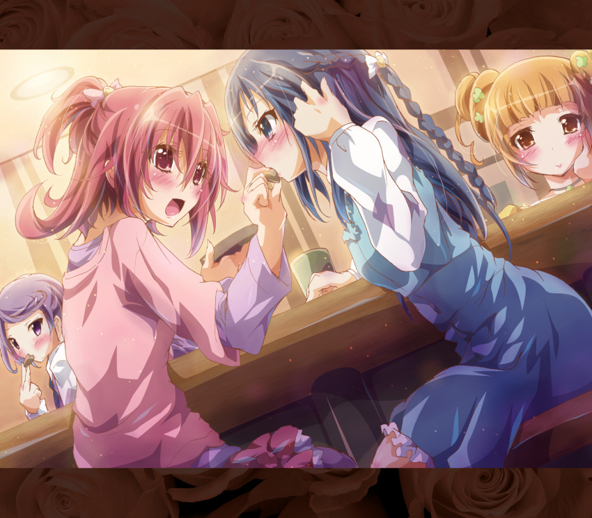 4girls aida_mana blue_eyes blue_hair blush braid brown_eyes brown_hair chocolate chocolate_heart dokidoki!_precure eating feeding flipped_hair half_updo heart highres hishikawa_rikka inoshishi_(ikatomo) kenzaki_makoto letterboxed long_hair multiple_girls open_mouth pink_eyes pink_hair precure purple_hair short_hair single_braid sitting smile violet_eyes yotsuba_alice yuri