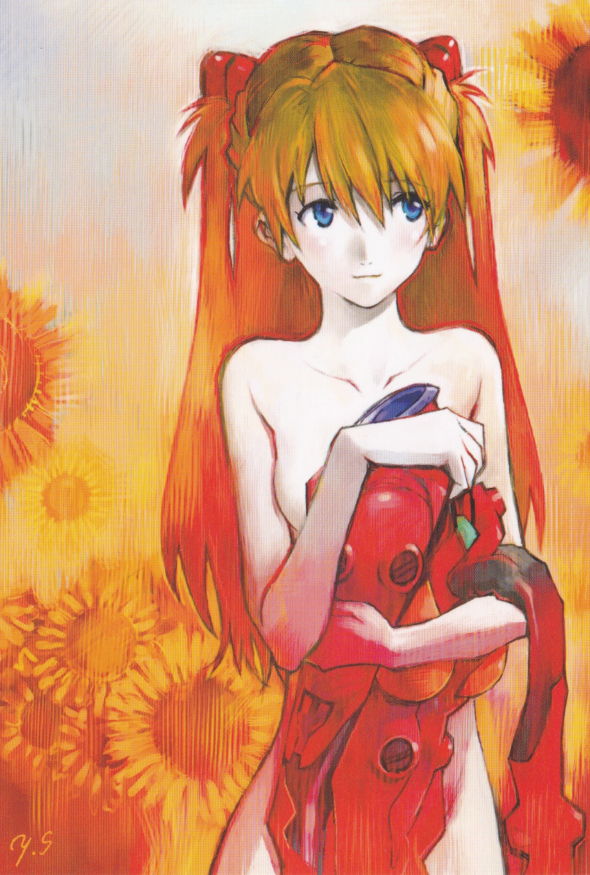 1girl clothes_in_front flower highres neon_genesis_evangelion neon_genesis_evangelion_(manga) nude official_art plugsuit sadamoto_yoshiyuki signature solo souryuu_asuka_langley sunflower two_side_up