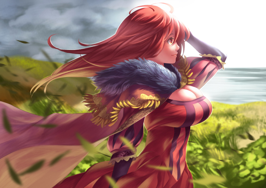 1girl arm_up bangs blurry breasts bursting_breasts cape capelet cleavage clouds depth_of_field dress field floating_hair fringe fukushi_ryouhei fur_trim grass hair_between_eyes hand_on_head hand_on_own_head lace lace-trimmed_dress large_breasts leaf long_hair maou_(maoyuu) maoyuu_maou_yuusha motion_blur nature ocean outdoors profile puffy_short_sleeves puffy_sleeves red_dress red_eyes redhead short_sleeves sky smile solo striped upper_body water wind