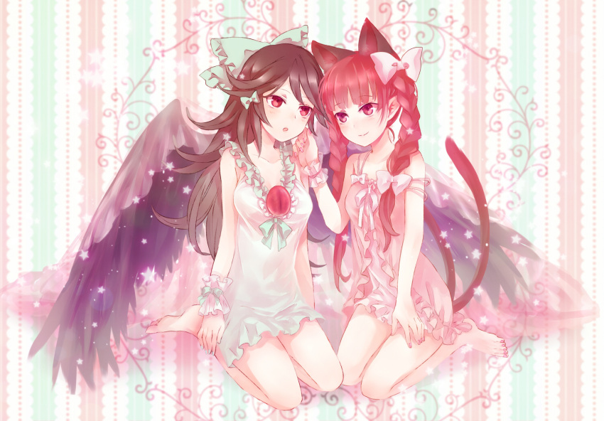 2girls alternate_costume animal_ears bare_arms bare_legs barefoot black_hair blush bow braid breasts cat_ears cat_tail cleavage collarbone couple extra_ears female hair_bow hair_ribbon hand_on_another's_cheek hand_on_another's_face kaenbyou_rin large_breasts multiple_girls multiple_tails nekomata neme nightgown off_shoulder open_mouth red_eyes redhead reiuji_utsuho ribbon sitting smile sparkle strap_slip tail third_eye touhou twin_braids wings wrist_cuffs yuri
