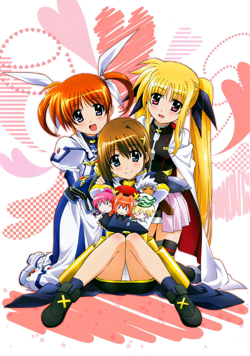 3girls :d absurdres blonde_hair blue_eyes blush_stickers boots bow brown_hair cape character_doll dress fate_testarossa faulds fingerless_gloves gauntlets gloves graf_eisen hair_bow hair_ornament heart highres levantine long_hair lyrical_nanoha magical_girl mahou_shoujo_lyrical_nanoha mahou_shoujo_lyrical_nanoha_a's mahou_shoujo_lyrical_nanoha_the_movie_2nd_a's multiple_girls official_art okuda_yasuhiro open_mouth panties puffy_sleeves red_eyes scan shamal short_hair short_twintails signum sitting smile stuffed_toy takamachi_nanoha thigh-highs twintails underwear violet_eyes vita yagami_hayate zafira