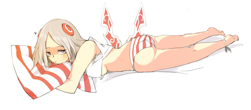 1girl alternate_costume bad_id bare_shoulders barefoot brown_eyes hair_ornament heart irelia league_of_legends long_hair looking_at_viewer lying minma on_stomach panties pillow simple_background solo striped striped_panties underwear white_background white_hair