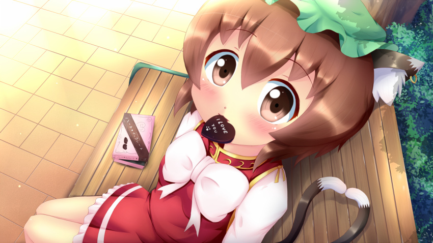 1girl animal_ears bench box brown_eyes brown_hair cat_ears cat_tail chen chocolate english face female hat heart heart_tail jewelry kane-neko looking_at_viewer mouth_hold outdoors short_hair single_earring sitting solo tail touhou