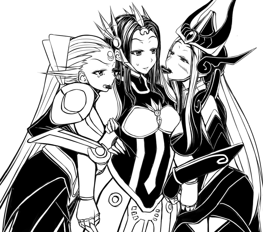 3girls armor breasts chocolate cleavage diana_(league_of_legends) ear_protection forehead_protector helmet highres hug league_of_legends leona_(league_of_legends) long_hair monochrome multiple_girls oldlim syndra tsugumi_(artist) valentine