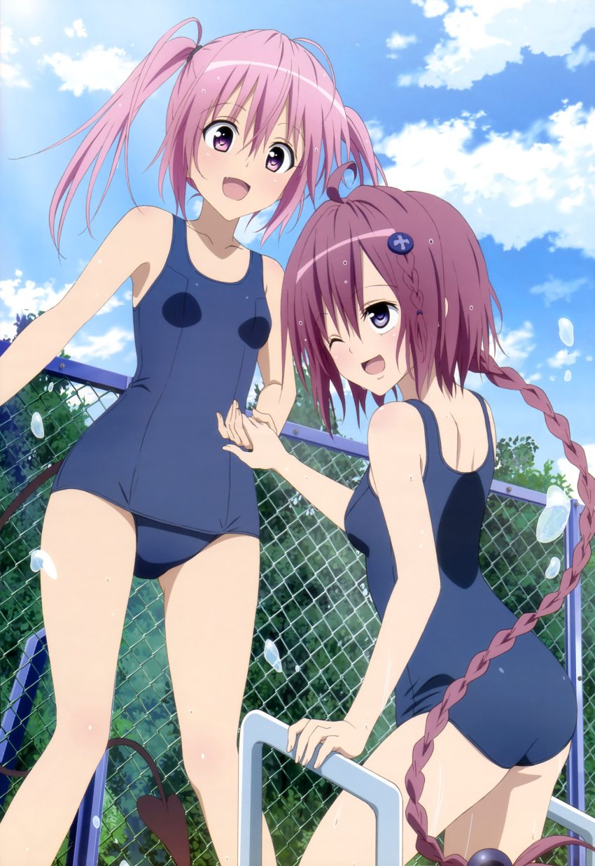 2girls :d ;d absurdres ahoge braid chain-link_fence clouds demon_tail fang fence fujiwara_natsuko highres kurosaki_mea legs long_hair multiple_girls nana_asta_deviluke nyantype official_art one-piece_swimsuit one_eye_closed open_mouth pink_eyes pink_hair ponytail scan school_swimsuit sky smile swimsuit tail to_love-ru to_love-ru_darkness twintails very_long_hair wink