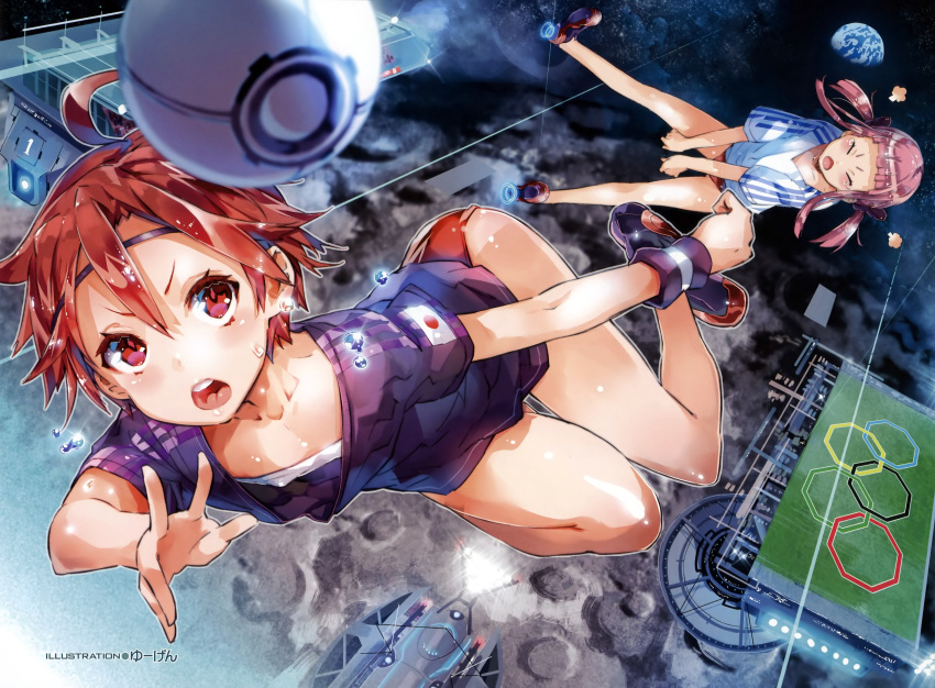 2girls :o absurdres ahoge ball buruma closed_eyes earth erect_nipples flat_chest floating highres japan moon multiple_girls olympics open_mouth original pink_hair red_eyes redhead scan short_hair space sweat tears thigh_gap thighs twintails wristband yuugen