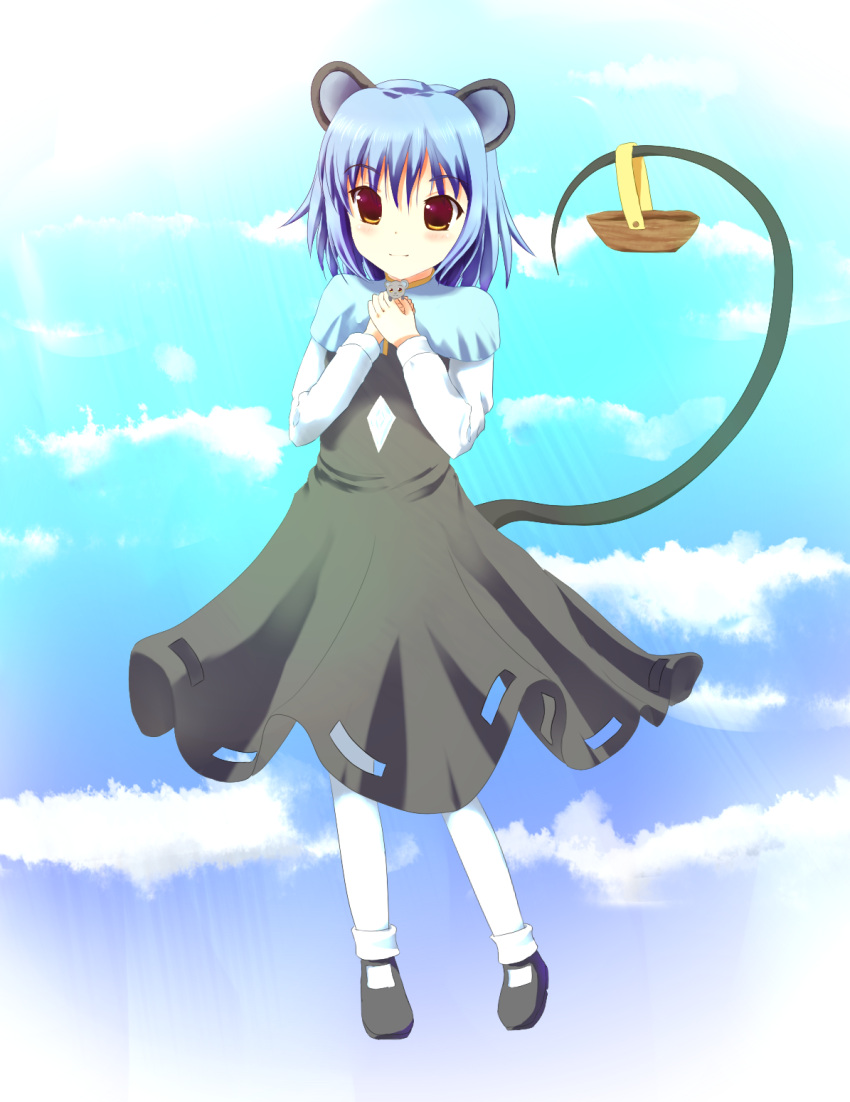 bad_id basket blue_hair cloud clouds highres mouse mouse_ears mouse_tail muneyuki nazrin short_hair sky tail touhou youkai