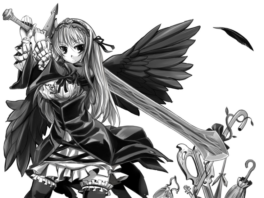 monochrome nabeyu rozen_maiden suigintou sword weapon wings