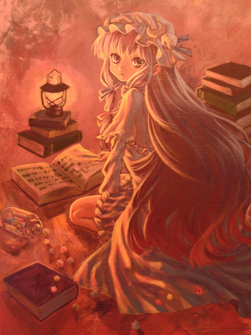 ama-tou book candy capelet hat highres konpeitou lamp lantern long_hair looking_back on_floor open_book patchouli_knowledge sitting solo touhou traditional_media