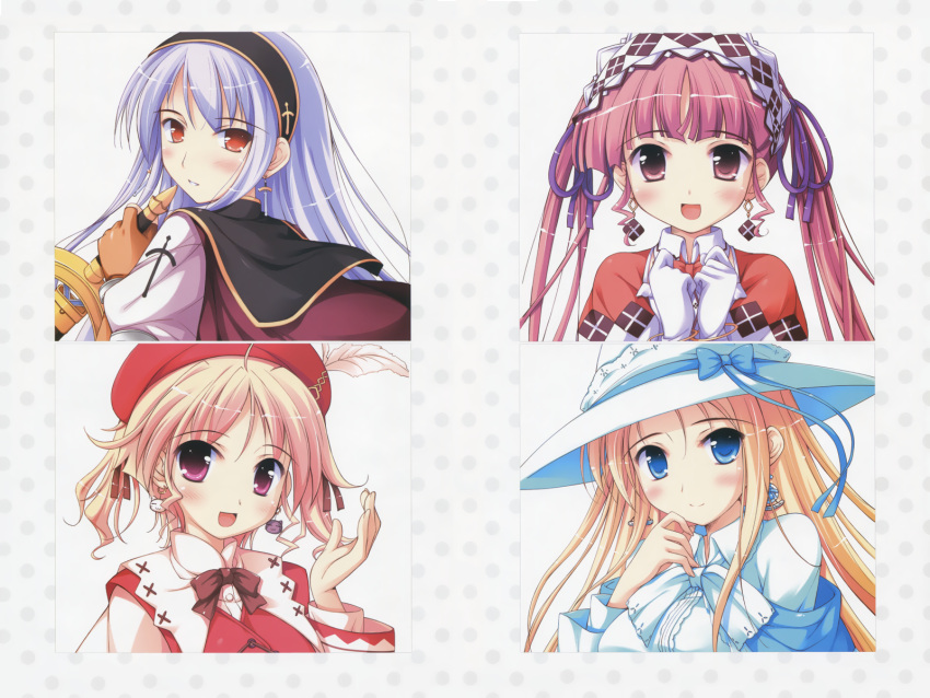 1600x1200 agnes_boulange blonde_hair blue_eyes blush carina_verritti chelsea_arcot earrings feathers gloves hat highres jewelry ko~cha lavender_hair long_hair looking_back minette multiple_girls orange_eyes pink_eyes pink_hair purple_eyes short_hair short_twintails shukufuku_no_campanella smile sword twintails wallpaper weapon witch_hat