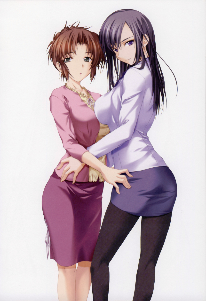 absurdres breasts brown_hair grey_eyes highres hizuki_shino hizuki_yuiko kawagishi_keitarou large_breasts long_hair miniskirt multiple_girls pantyhose purple_eyes purple_hair ringetsu shin_ringetsu skirt violet_eyes yuri