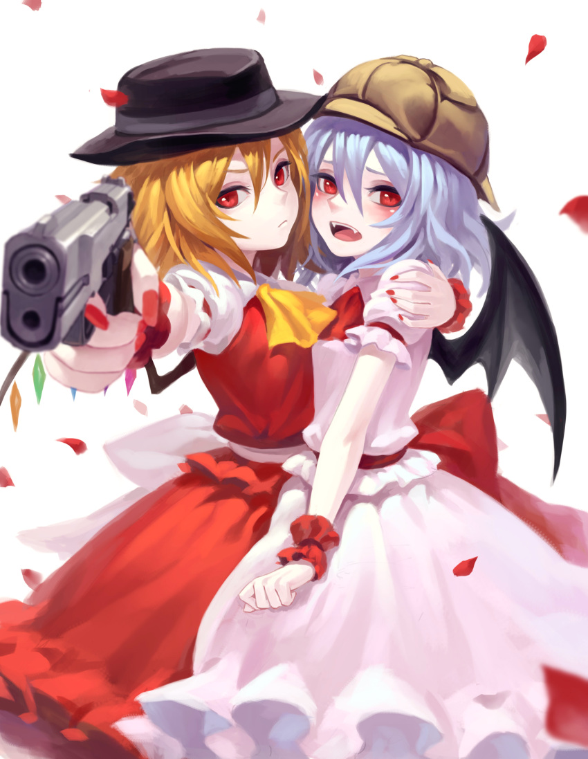 2girls aiming_at_viewer alternate_headwear arm_around_shoulder arm_at_side bangs bat_wings black_hat black_wings blonde_hair blurry blush breast_press clenched_hand closed_mouth cravat crystal deerstalker depth_of_field fangs finger_on_trigger fkey flandre_scarlet flat_chest frown gun hair_between_eyes handgun hat highres holding holding_gun holding_weapon looking_at_viewer mob_cap multiple_girls nail_polish open_mouth outstretched_arm petals red_eyes red_nails red_ribbon red_skirt remilia_scarlet ribbon sash short_hair siblings side-by-side silver_hair simple_background sisters skirt skirt_set symmetrical_docking touhou weapon white_background white_ribbon white_skirt wings wrist_cuffs