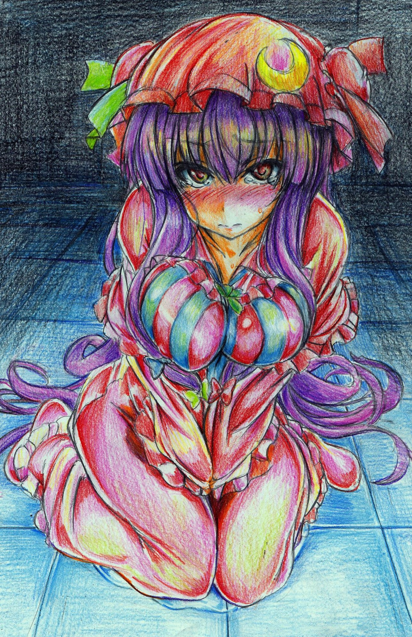 1girl blush breasts crescent female hat highres large_breasts long_hair looking_at_viewer nichibotsu_(kitaziman) nightgown patchouli_knowledge peeing peeing_self purple_hair sitting solo touhou traditional_media v_arms very_long_hair violet_eyes