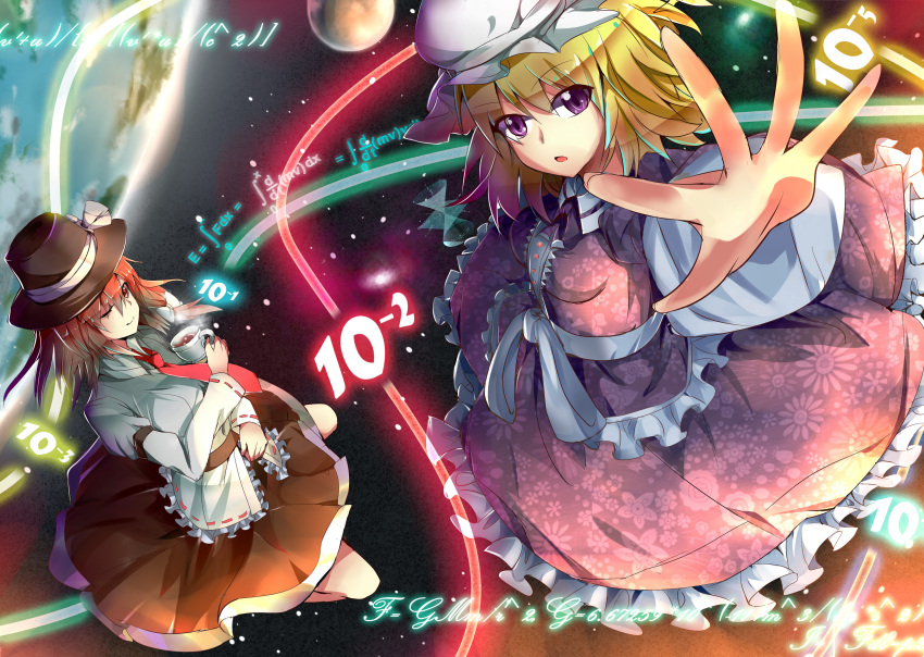 absurdres blonde_hair bow brown_hair collared_shirt cup frilled_hat frilled_shirt frills hair_ribbon hat hat_bow highres holding holding_cup long_skirt long_sleeves looking_at_viewer moon necktie number one_eye_closed open_mouth red_necktie ribbon shirt short_hair skirt smile steam toaru_damit touhou usami_renko violet_eyes white_bow white_shirt