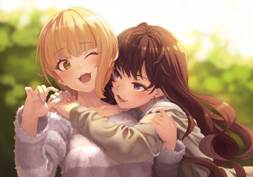 2girls :3 :d ;3 ;d arm_around_shoulder arm_holding bangs blonde_hair blurry blush brown_hair collarbone day depth_of_field earrings eyebrows eyebrows_visible_through_hair fur_trim green_eyes hand_on_another's_arm hug ichinose_shiki idolmaster idolmaster_cinderella_girls jewelry long_hair long_sleeves looking_at_another looking_at_viewer miyamoto_frederica multiple_girls nail_polish one_eye_closed open_mouth own_hands_together palms pink_lips pink_nails short_hair smile striped terumii upper_body violet_eyes