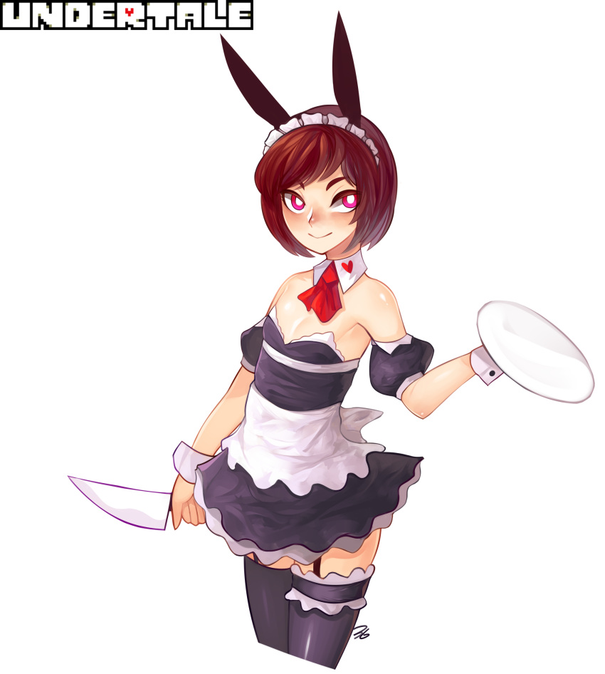 1girl 3gs animal_ears black_thighhighs breasts brown_eyebrows brown_hair chara_(undertale) eyebrows eyebrows_behind_hair eyelashes eyelashes_visible_through_hair eyes eyes_visible_through_hair highres holding_knife holding_tray holding_weapon knife legs legs_together maid maid_headdress maid_uniform rabbit_ears short_hair small_breasts smile thigh-highs thighs tray undertale violet_eyes weapon white_apron white_pupils white_wrist_cuffs wrist_cuffs