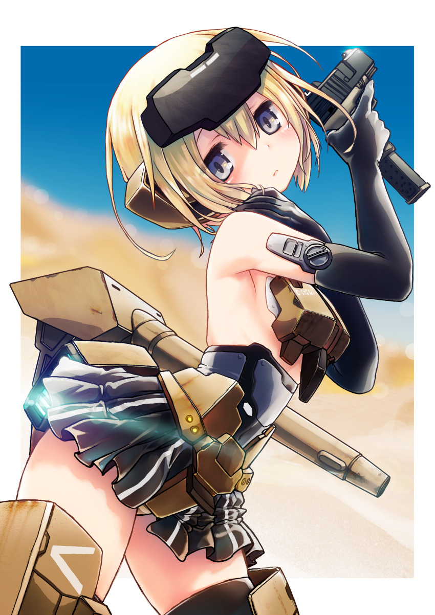 1girl absurdres armor black_gloves blonde_hair blue_eyes blue_sky blurry breastplate cannon cowboy_shot depth_of_field desert elbow_gloves frame_arms_girl from_side glock gloves gourai gun hair_between_eyes hand_on_own_shoulder handgun head_tilt headgear highres holding holding_gun holding_weapon kuromaru9 lens_flare light_rays looking_at_viewer microskirt outdoors outside_border panties pantyshot pantyshot_(standing) pleated_skirt short_hair skirt sky solo standing striped striped_panties thigh-highs trigger_discipline underwear weapon