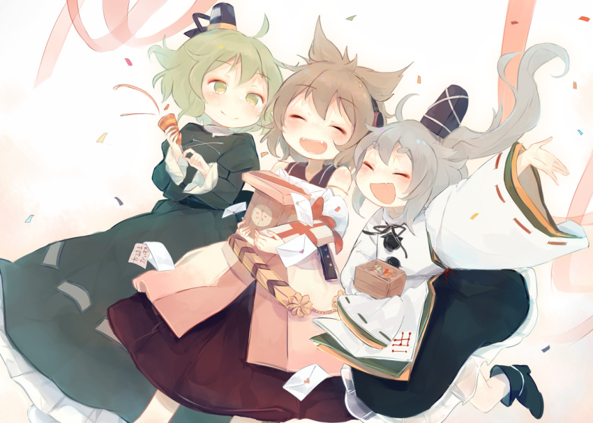 3girls ashiyu_(ashu-ashu) blush brown_hair closed_eyes confetti dress earmuffs fang fangs frilled_dress frilled_skirt frilled_sleeves frills ghost ghost_tail gift green_dress green_eyes green_hair grey_hair hat holding_box japanese_clothes kariginu layered_sleeves long_hair long_sleeves looking_at_another mononobe_no_futo multiple_girls open_mouth party_popper pom_pom_(clothes) ponytail puffy_long_sleeves puffy_sleeves purple_skirt sash short_hair simple_background skirt smile soga_no_tojiko tate_eboshi touhou toyosatomimi_no_miko wide_sleeves