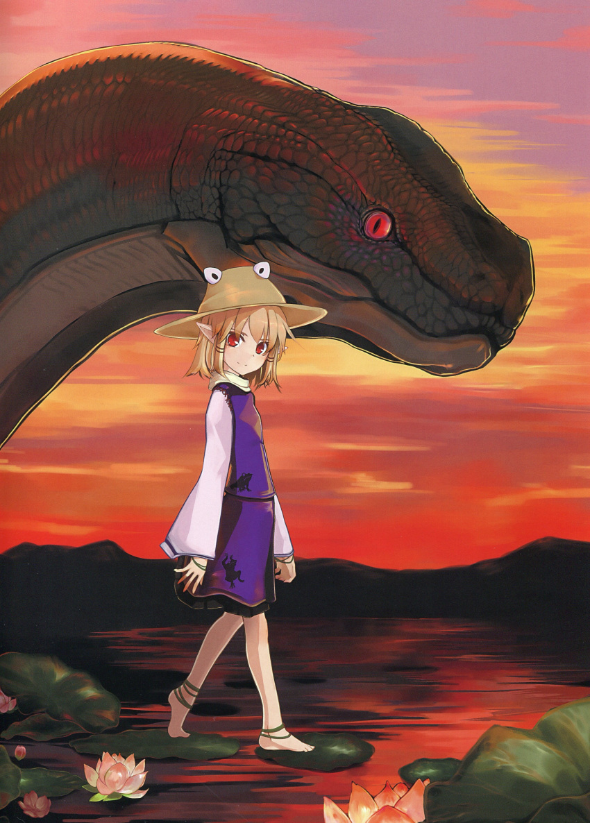 1girl absurdres anklet barefoot blonde_hair cropped dusk female flower hat highres jewelry lily_pad lotus mishaguji moriya_suwako pointy_ears red_eyes scan short_hair slit_pupils snake solo touhou virus_(obsession) water