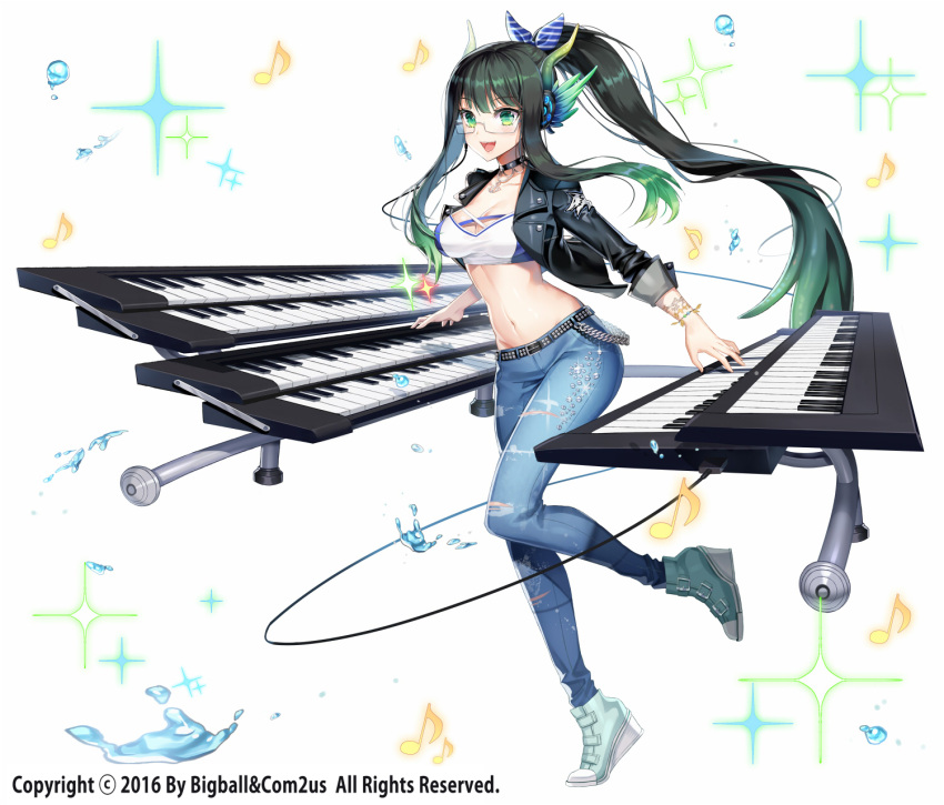 1girl :d blue_eyes breasts bustier carchet chains choker cleavage denim droplet gradient_hair green_hair hair_ornament headphones highres instrument jacket jeans keyboard_(instrument) long_hair midriff multicolored_hair musical_note open_clothes open_jacket open_mouth pants platform_footwear ponytail smile soccer_spirits solo sparkle very_long_hair