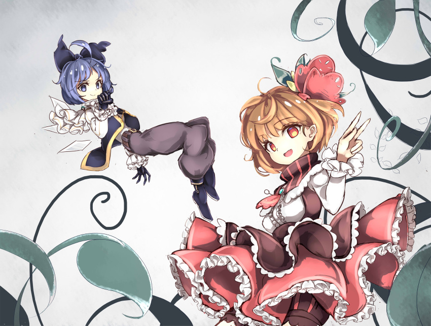2girls alternate_costume belt blonde_hair blue_eyes blue_hair boots bow breasts cirno dress fairy_wings fang frilled_skirt frilled_sleeves frills gloves hair_bow hair_ribbon highres layered_dress looking_at_viewer multiple_girls neetsr open_mouth pants pointing pointing_at_viewer red_eyes red_ribbon ribbon rumia shawl short_hair skirt smile touhou vest wings