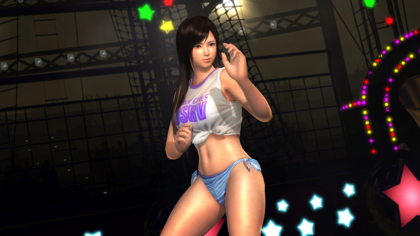 1girl 3d absurdres black_hair dead_or_alive dead_or_alive_5 fighting_stance highres kokoro_(doa) midriff official_art screencap solo star swimsuit tecmo