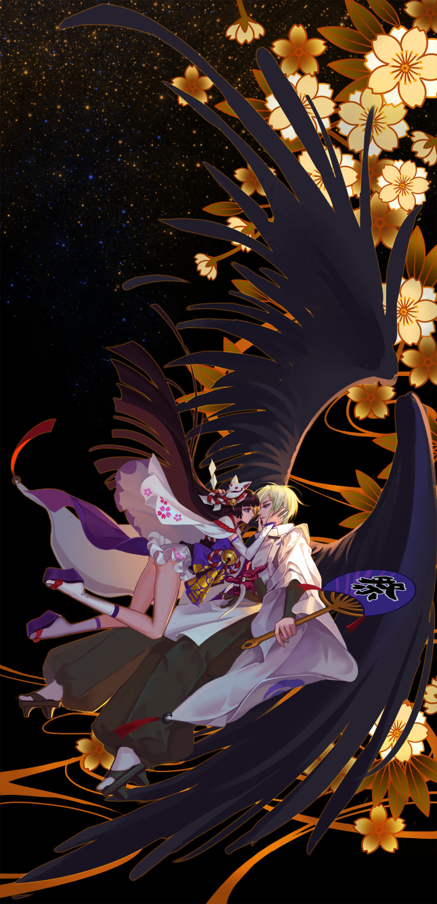 1boy 1girl absurdres ana_bi ass backlighting bangs bell black_background black_eyes black_hair black_pants black_wings blonde_hair blue_eyes blunt_bangs cape daitengu detached_sleeves eye_contact eyelashes face-to-face fan feathered_wings floating_hair floral_print flying fox_mask frilled_kimono frills from_side geta hair_bell hair_ornament hands_on_another's_cheeks hands_on_another's_face highres hime_cut holding_fan japanese_clothes jingle_bell kariginu kimono kneehighs light_particles long_hair looking_at_another mask mask_on_head mask_removed obi onmyoji pants paper_fan parted_lips platform_footwear profile red_ribbon ribbon rope sash shide short_kimono tengu tengu_mask uchiwa very_long_hair white_cape white_kimono white_legwear wings yellow_flower