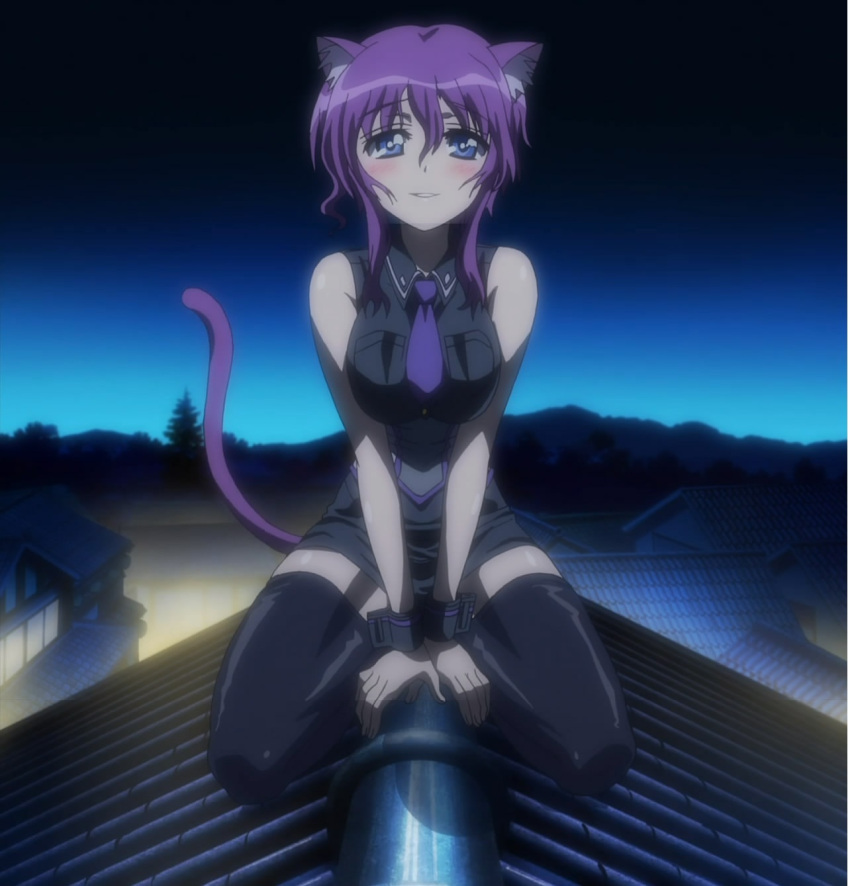 1girl animal_ears black_legwear blue_eyes blush cat_ears cat_tail dog_days highres necktie purple_hair rooftop screencap sleeveless solo stitched tail thigh-highs v_arms violet_amaretto violle_amaret