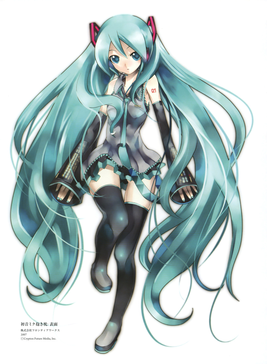 1girl absurdres detached_sleeves green_eyes green_hair hatsune_miku headphones headset highres kei_(keigarou) long_hair necktie official_art scan thigh-highs twintails very_long_hair vocaloid