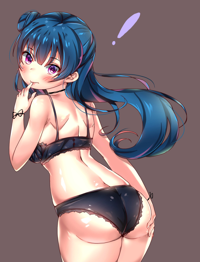 ! 1girl absurdres ass bangs black_bra black_panties blue_hair blush bra choker finger_to_mouth from_behind grey_background hand_on_own_ass highres joptr06 long_hair looking_back love_live! love_live!_sunshine!! panties side_bun simple_background solo tsushima_yoshiko underwear underwear_only violet_eyes