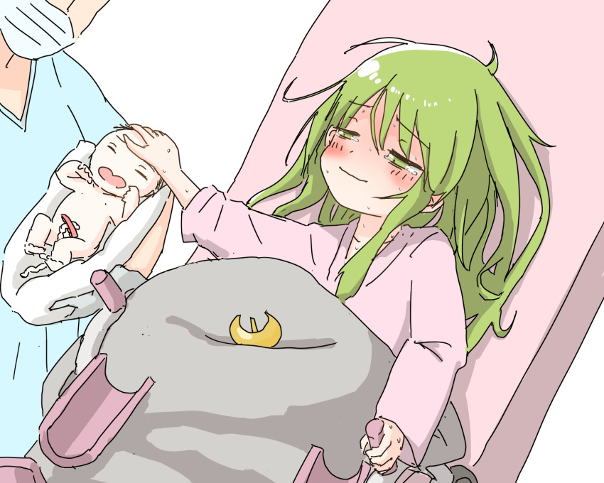 1boy 1girl 1other baby baby_carry blush crescent crescent_hair_ornament doctor green_hair hair_ornament hair_ornament_removed headpat highres hospital hospital_gown kantai_collection mother_and_child nagatsuki_(kancolle) pajamas pink_pajamas po0000000000 sweat tears umbilical_cord