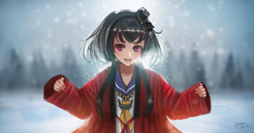 1girl adapted_costume anchor anchor_symbol arise_(allicenogalca) black_hair brown_eyes cardigan forest gradient_hair hairband hat headgear highres kantai_collection mini_hat multicolored_hair nature neckerchief sailor_collar shirt short_hair short_hair_with_long_locks snow snowing solo tied_shirt tokitsukaze_(kantai_collection) two_side_up