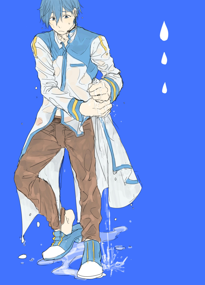 1boy belt blue_background blue_eyes brown_pants creamyya eyebrows eyebrows_visible_through_hair headset highres kaito looking_down male_focus pants scarf solo vocaloid water wet wet_clothes wet_hair wringing_clothes