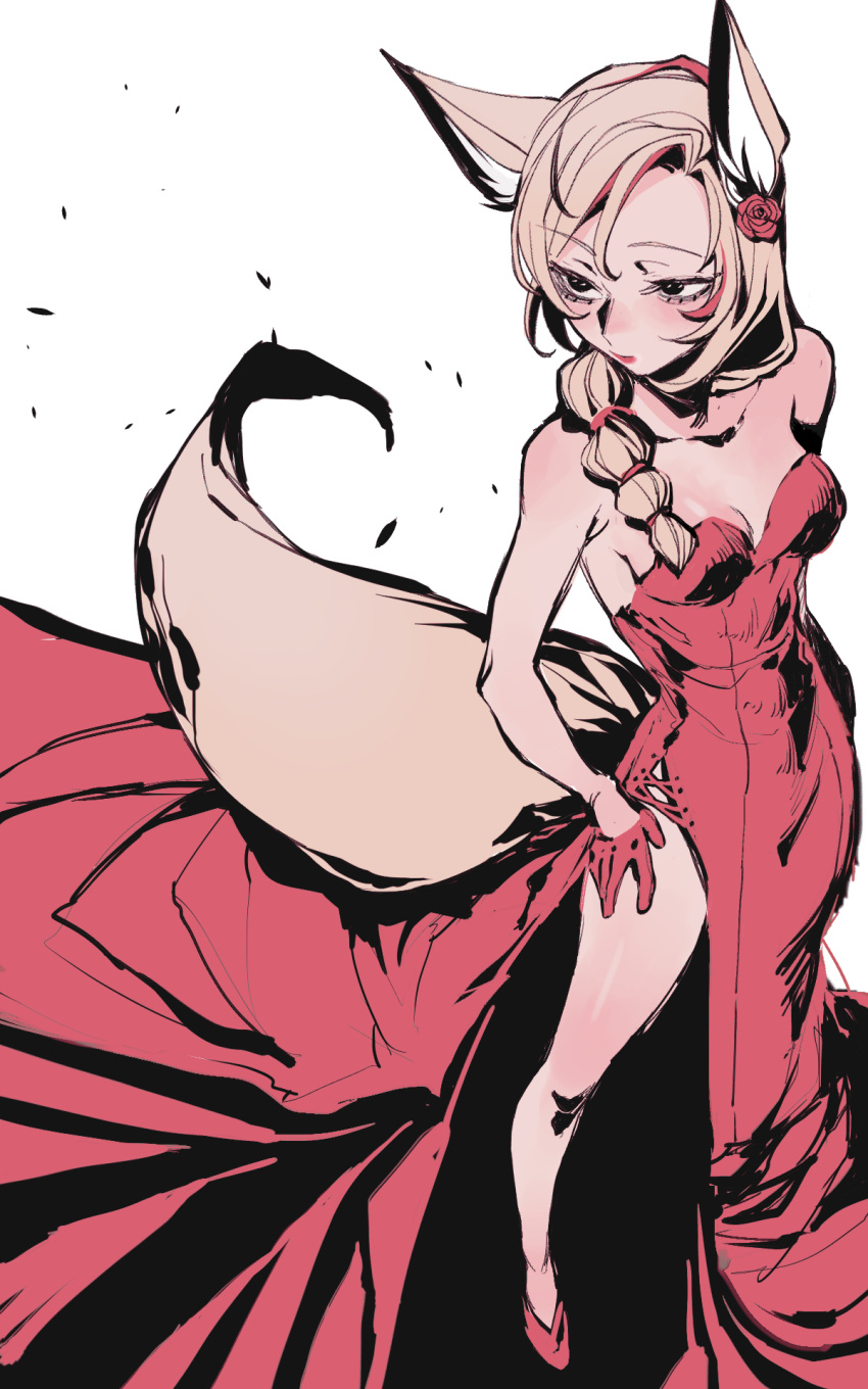 1girl animal_ears bangs black_eyes blonde_hair braid breasts commentary dress english_commentary eyebrows_visible_through_hair flower fox_ears fox_girl fox_tail hair_flower hair_ornament highres hololive kakult2017 long_dress long_hair looking_away medium_breasts omaru_polka red_dress red_flower red_footwear redhead shoes solo standing strapless strapless_dress striped tail virtual_youtuber