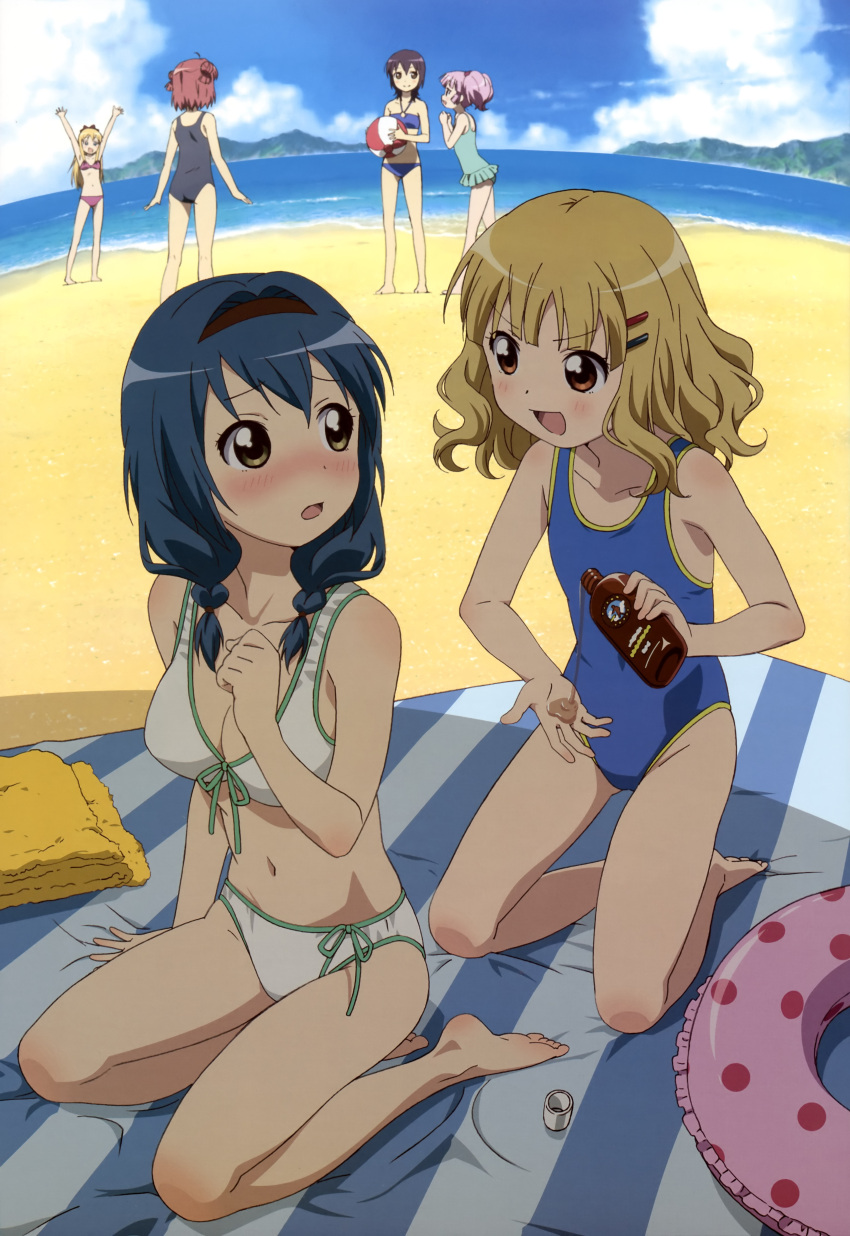 6+girls :d absurdres akaza_akari arm_support armpits arms_up ass back ball bangs bare_legs bare_shoulders barefoot beach beachball bikini bikini_skirt black_hair blonde_hair blue_bikini blue_hair blue_sky blue_swimsuit blurry blush body_blush bottle braid breasts brown_eyes casual_one-piece_swimsuit cleavage clenched_hand clouds collarbone double_bun embarrassed feet female fisheye flat_chest frills front-tie_top full_body funami_yui furutani_himawari green_swimsuit hair_between_eyes hair_bun hair_intakes hair_ornament hairband hairclip halterneck hands highres hips holding innertube kneeling knees legs long_hair long_image looking looking_at_another looking_back lotion midriff mound_of_venus mountain multiple_girls navel nyantype ocean official_art ojiri_shin'ya one-piece_swimsuit oomuro_sakurako open_hand open_mouth orange_eyes outdoors outstretched_arms perspective pink_hair polka_dot pouring profile purple_bikini redhead sand scan school_swimsuit shade shadow shiny shiny_hair short_hair side-tie_bikini sitting sky smile standing striped sunscreen swimsuit tall_image toes toshinou_kyouko towel twin_braids twintails water wavy_hair white_bikini white_swimsuit yellow_eyes yoshikawa_chinatsu yuru_yuri