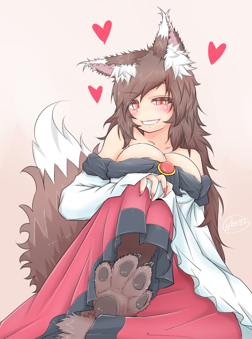 1girl animal_ears bare_shoulders blush breasts brooch brown_hair cleavage collarbone cube85 dress fingernails grin heart highres imaizumi_kagerou jewelry large_breasts long_hair looking_at_viewer nail_polish off-shoulder_dress off_shoulder red_eyes red_nails sharp_fingernails slit_pupils smile solo tail touhou wolf_ears wolf_girl wolf_paws wolf_tail